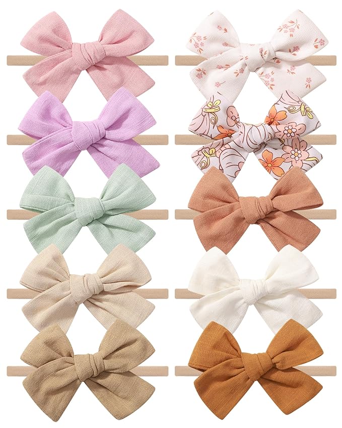 doboi 10PCS Baby Headbands Girls Hair Bows Nylon Linen Hairbands Handmade Hair Accessories for Newborn Infant Toddlers Little Girl and Kids
