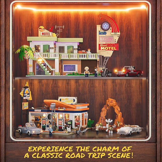 FUNWHOLE City Gas-Station Lighting-Building-Bricks Set - Road Trip Modular Car Service Station Collection LED Light Building Set 1608 Pcs for Adults, Teen and Travelling Enthusiasts