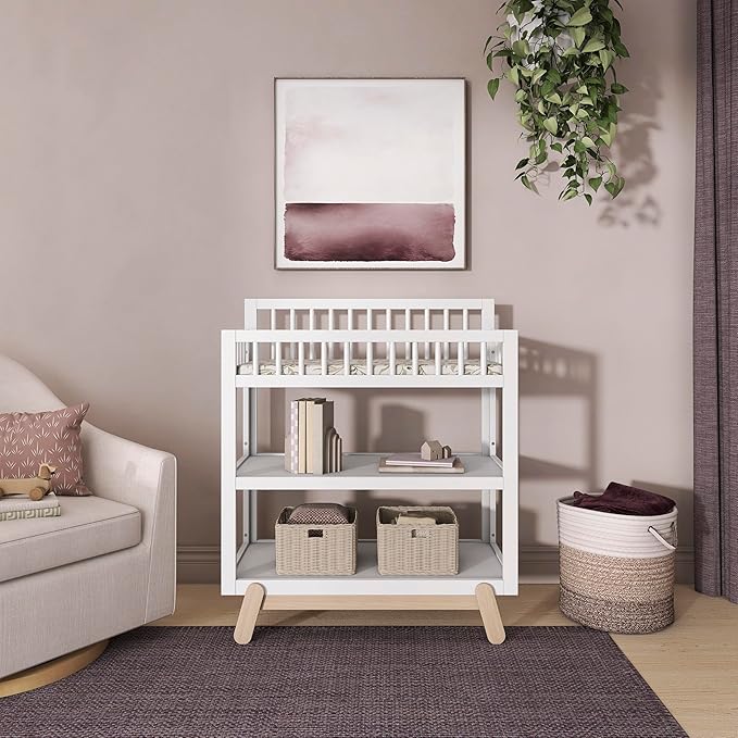 Dream On Me Hygge Baby Nursery Changing Table, Elevated Safety Rails, Water-Resistant Changing Pad & Safety Belt, Spacious Storage Shelves, GREENGUARD Gold & JPMA Certified – Weathered Vintage Oak