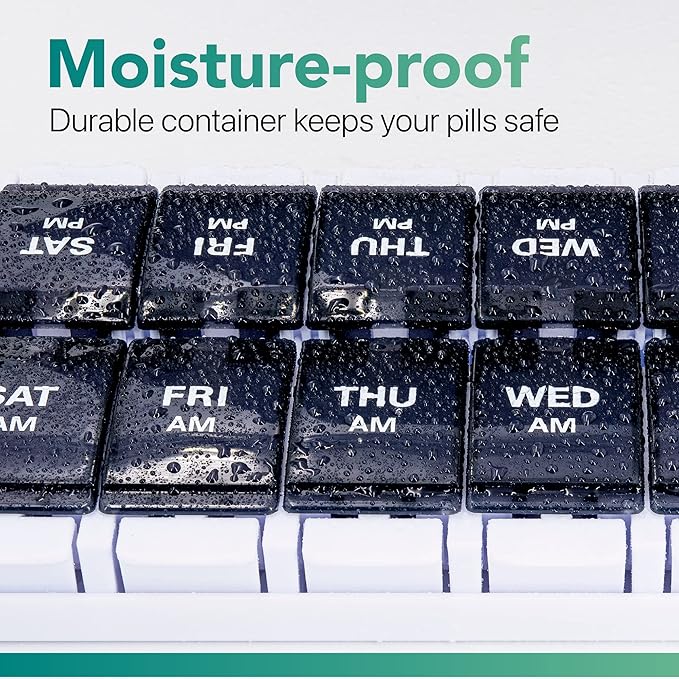 Sukuos AM PM Weekly 7 Day Pill Organizer, 2 Times A Day Pill Box with Arthritis Friendly Push Button, Medicine Cases for Vitamin/Fish Oil/Supplements, Easy to Clean (Black)