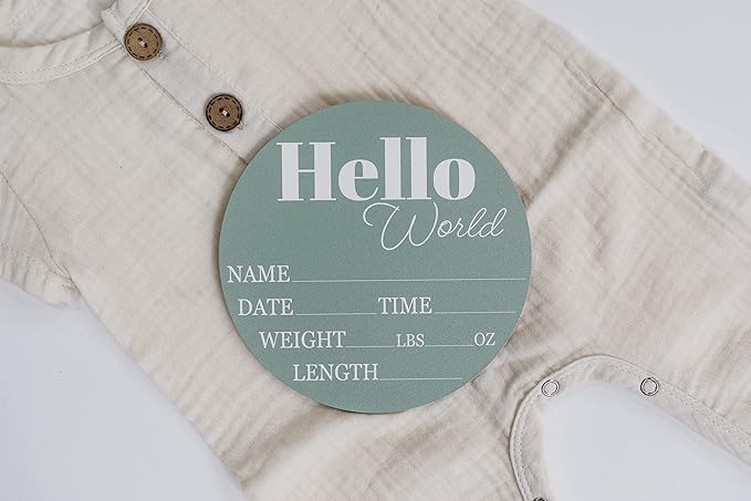Hickory Hollow Designs - Baby Announcement Sign for Newborn Boys and Girls (Color Bases) - Hello World Nursery Decor Sign & Photo Prop for Babies Made of Birch Wood - 6" Circle Board (Sage)