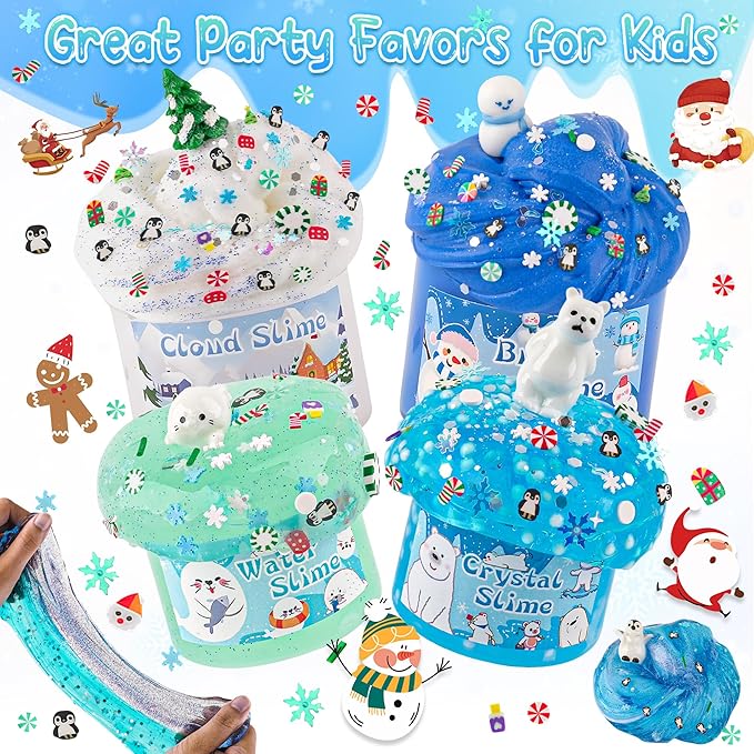 LAWOHO 6 Packs Snow Slime Kit - Butter, Clear, Water, Cloud Slimes, Fluffy Slime Making Kit for Kids with Cute Charms & Add-ins, Blue Kids Slimes Kits for Girls & Boys Birthday Christmas Easter Gifts