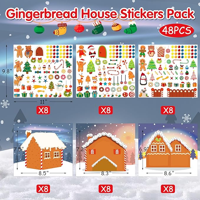 LINAYE 48PCS Make A Gingerbread House Stickers, Christmas Crafts for Kids, Gingerbread House Craft Stickers, 24 Finished Products
