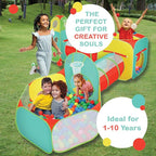 5pc Kids Play Tent for Toddlers with Ball Pit, Crawl Tunnel, Indoor & Outdoor Playhouse, Jungle Gym, Toys for Boys & Girls, Includes Dart Balls, Teepee & Basketball Hoops