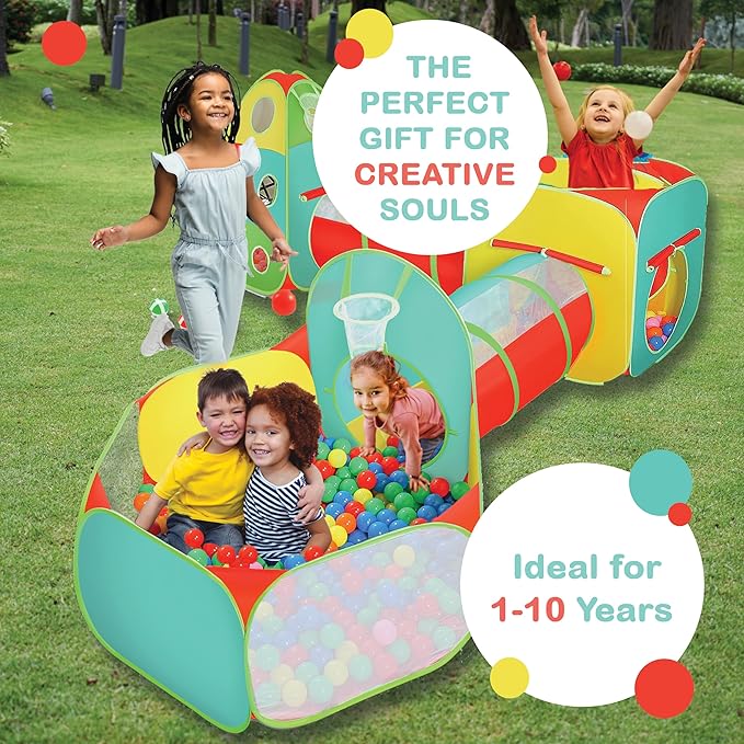 5pc Kids Play Tent for Toddlers with Ball Pit, Crawl Tunnel, Indoor & Outdoor Playhouse, Jungle Gym, Toys for Boys & Girls, Includes Dart Balls, Teepee & Basketball Hoops