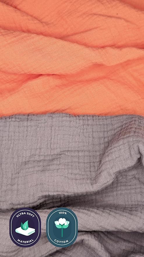 Muslin Fitted Crib Sheet for Standard Crib Mattress, 52” X 28”, 2 Pack 100% Cotton Soft Breathable Baby Crib Sheet for Boys, Girls (Orange/Gray)