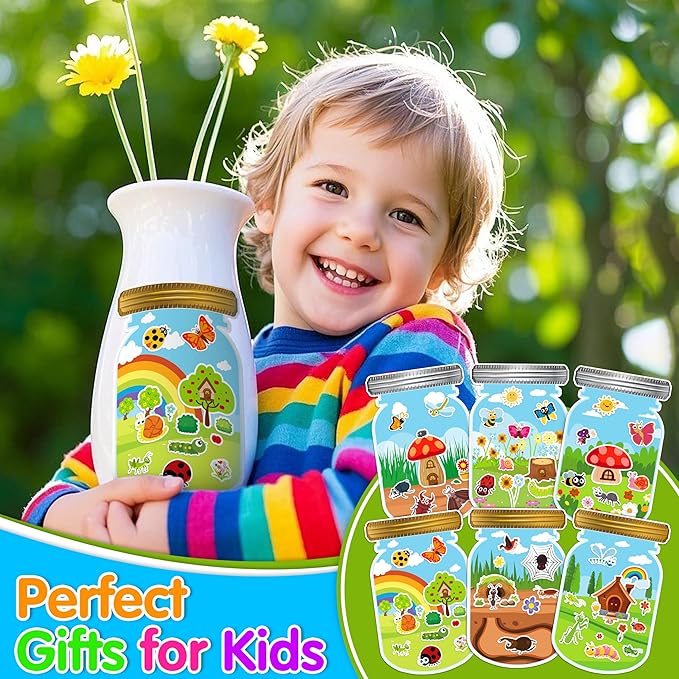 LINAYE 24 Sheets Insect Stickers with Jar Scenes, Make Your Own Bug Jar Stickers, Spring Crafts Activities for Kids Spring Party Decorations Supplies for Kids
