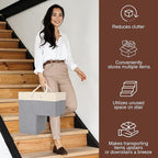 SAM AND MABEL Stair Basket for Carpeted and Wooden Stairs – Foldable Staircase Basket with Thick Cotton Rope Handles, Modern Stairway Storage Organizer (Lite Cream and Gray with Side Pocket)