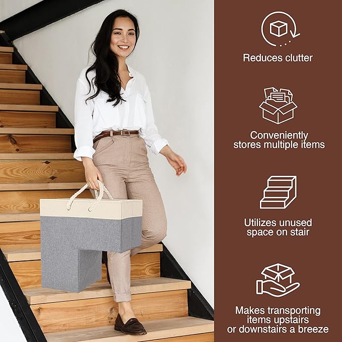 SAM AND MABEL Stair Basket for Carpeted and Wooden Stairs – Foldable Staircase Basket with Thick Cotton Rope Handles, Modern Stairway Storage Organizer (Lite Cream and Gray with Side Pocket)