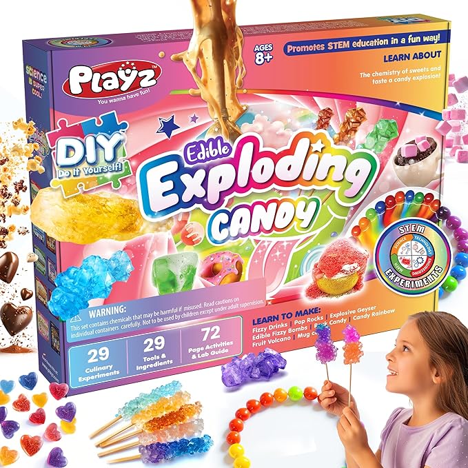 Playz Edible Exploding Candy Making Science Kit for Kids Ages 8-12 Years Old - Food Science Chemistry Kid Science Kit with 29 Experiments, Educational Science Kits for Boy & Girls