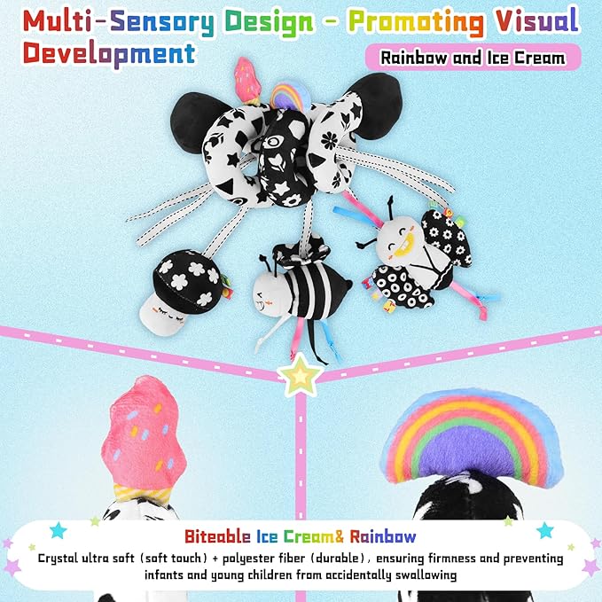 Spiral Car Seat Toys for Babies, 0-6 Months Stroller Pram Activity Hanging Toys High Contrast Black and White Sensory Toy, Newborn Soft Plush Travel Toy for Newborn Boys Girls Gift