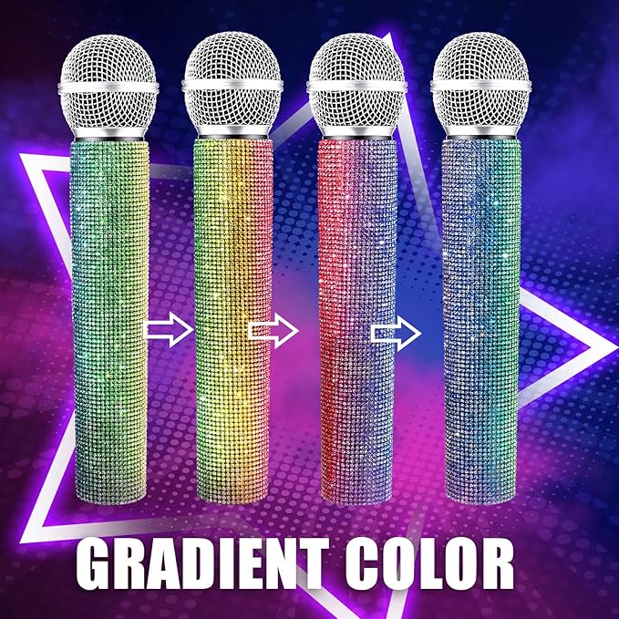 Sanwuta Fake Microphone Prop Sparkly Bling Rhinestones Plastic Play Microphone Pretend Glitter Bedazzled Mic for Cosplay Party Costume(Gradient)