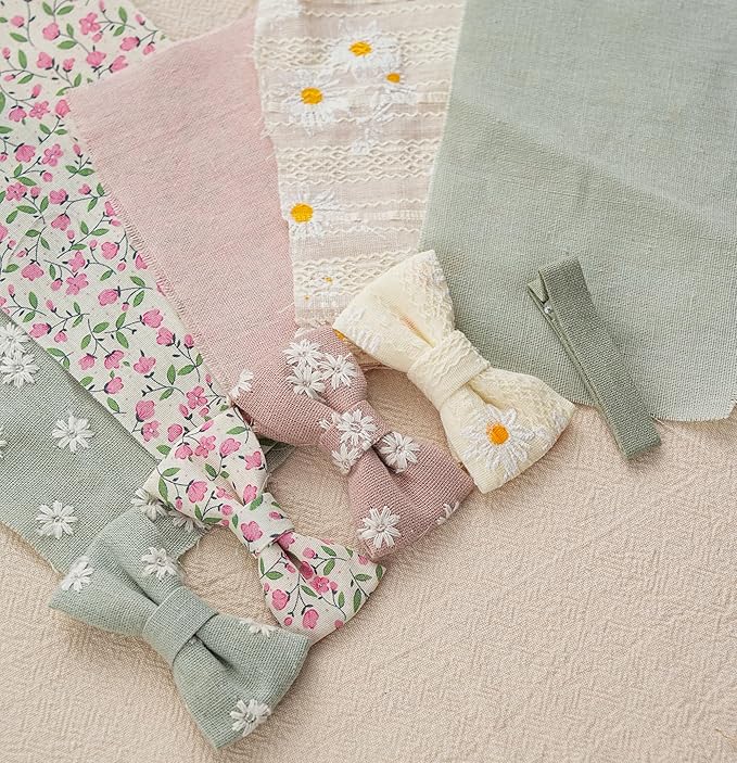 Baby Toddler Girls Hair Ties with Linen Bows Embroidered Flower,20 pcs No Damage Elastic Nylon Hair Bands Ponytail Holders,Small Hair Accessories Gifts for Girls Kids Children Thick Thin Hair