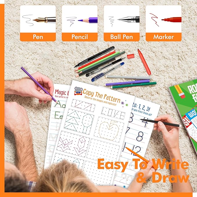 Pen Control & Tracing Activity Pad, 80 Tear-off Sheets Alphabet & Number Handwriting Practice Notepad for Kids, Letters A-Z/Numbers1-20/Patterns Tracing Workbook for Plane, Car Travel, Road Trip