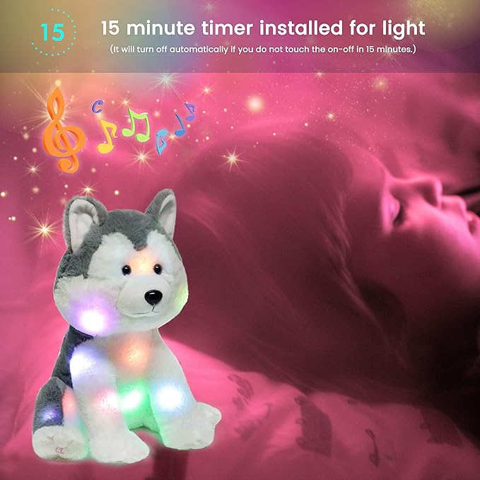 Hopearl LED Musical Stuffed Husky Lighting Up Singing Plush Dog Adjustable Volume Lullaby Animated Soothe Birthday Festival for Kids Toddler Girls, Gray, 12''