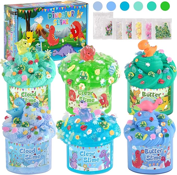 LAWOHO 6 Pack Dinosaurs Slime Kit for Kids - Cloud, Butter, Clear Slimes with Glow in The Dark Add-ins, Green & Blue Dino Slime, Super Soft and Non-Sticky, Birthday Party Favor for Boys & Girls
