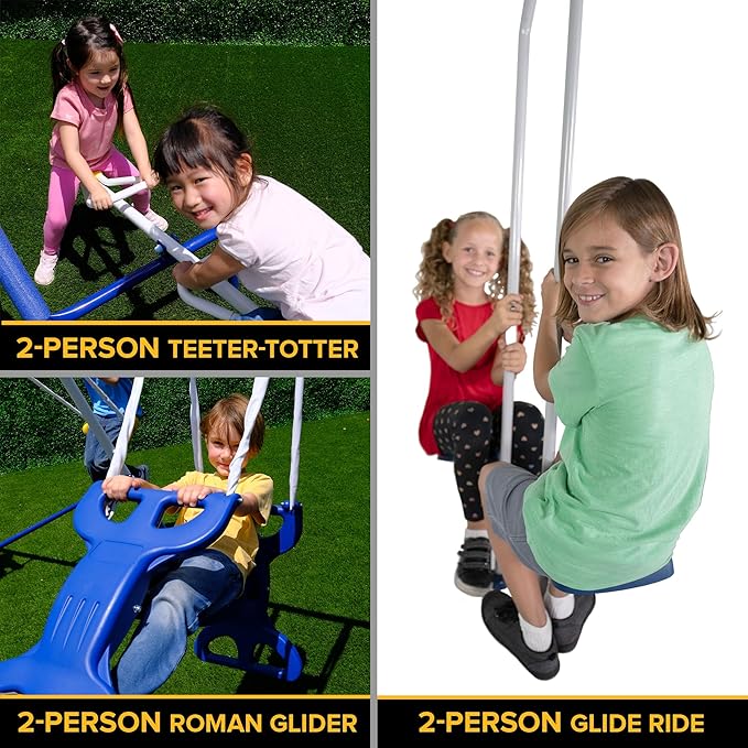 Sportspower Super 9 Metal Swing Set: Teeter Totter, 2 Kid Glide Ride Swing/Roman Glider Swing, Standing Swing + Trapeze Bar, Blow Molded Swing + 5' Wavy Slide Bonus 4pc Anchor Kit*, Blue/Yellow