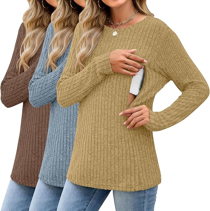 3 Pack Women's Nursing Long Sleeve Tops Breastfeeding Thermal Sweaters with Hidden Zipper Maternity Ribbed Shirts