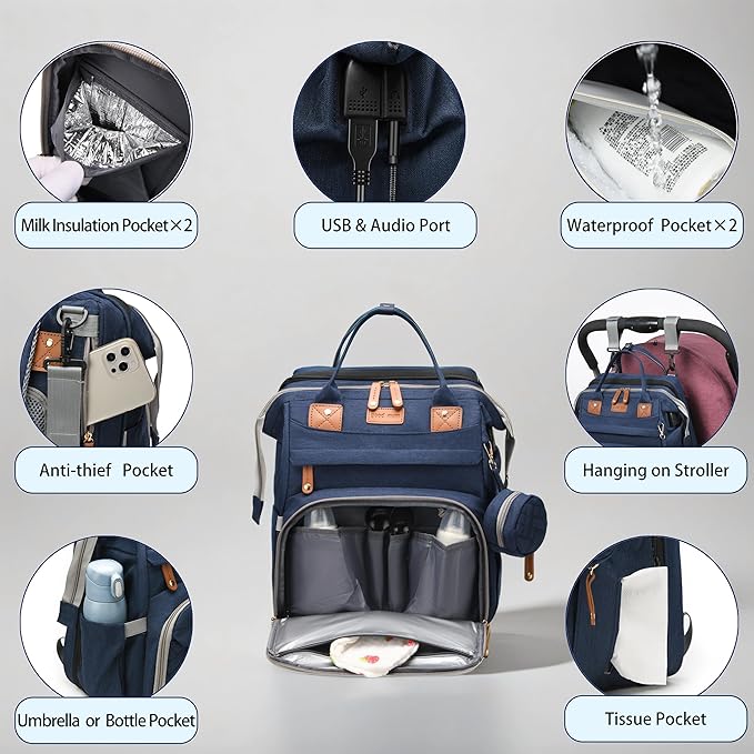 Diaper Bag with Changing Station, Baby diaper bags, Travel Essentials for Moms Dads, Boys, Blue