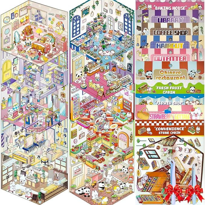 DIY 3D Sticker Scene，10 Sets Pack（600+） Large-Sized, Reusable Sticker Book, Cute Sets for Free Combination, Waterproof for Anywhere, Crafts Party Favors Birthday Gift