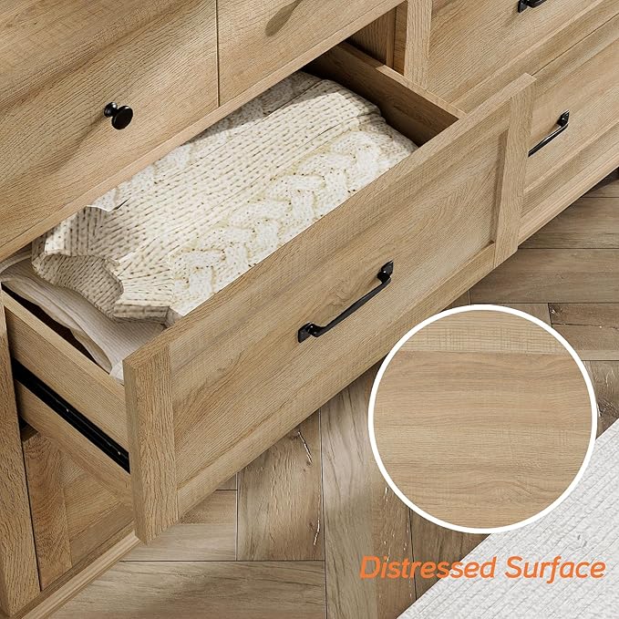 WAMPAT Kids Dresser for Bedroom with 6 Drawers, Oak Baby Dresser with Wide Chest of Drawers, Farmhouse Kids Closet Storage Organizer, Wood Dressers for Living Room, Nursery, Hallway