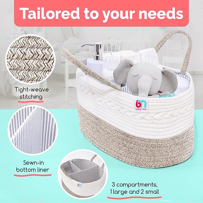 Rope Diaper Caddy - Storage for Baby and Toddler Items - Portable Cotton Organizer Easily Holds Diapers, Wipes, Clothing - Useful for Nursery, Bedroom (Beige, Regular)