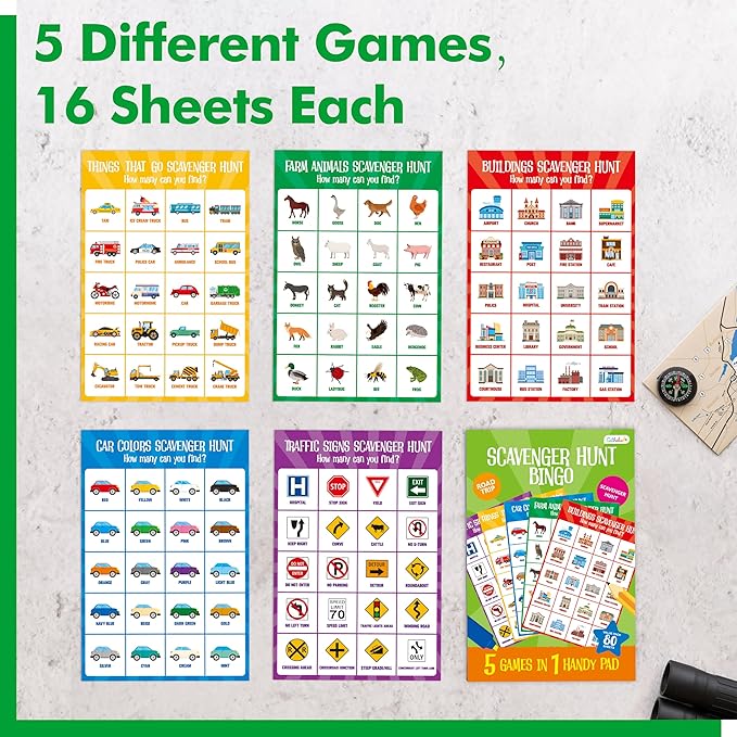 Road Trip Game Pad, 5 Games in 1 (Farm Animals, Car Colors, Buildings, Traffic Signs, Vehicles Scavenger Hunt Bingo), Pen Pencil Paper Game, Plane Trip/Car Travel/Getaway Activity Pad for Kid, Adult