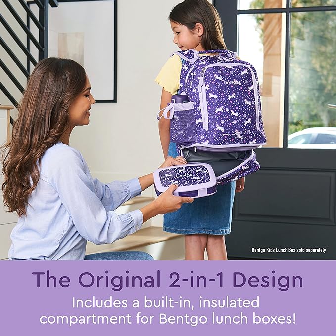 Bentgo Kids 2-in-1 Backpack & Insulated Lunch Bag - Durable 16” Backpack & Lunch Container in Unique Prints for School & Travel - Water Resistant, Padded & Large Compartments (Unicorn)
