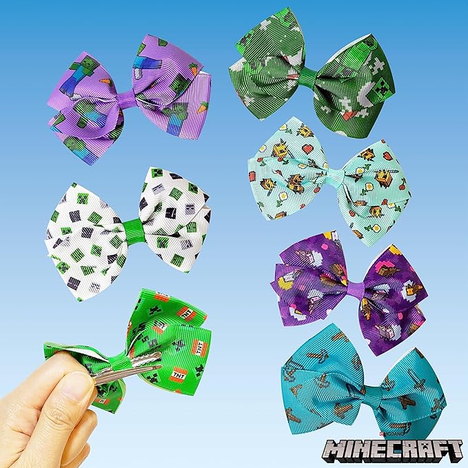 LUV HER Minecraft Kids Hair Bows - 7 Pcs 4 Inch Bundle - Hair Accessories Gift Set - Hair Bows for Kids - Multicolor Hair Clip with Alligator Clip - Ages 3 +