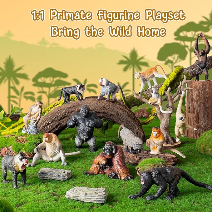 Toymany 15PCS Monkey Primates Figurines, Plastic Jungle Animals Set Included Tree Monkey Ape Tree Chimpanzee Gorilla Orangutan Toys for Kid Todllers