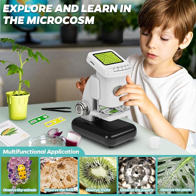 Rechargeable Digital Microscope for Kids 1200X - 2'' LCD Screen STEM Toy with 32G SD Card for Photo/Video, Portable Pocket Microscope for Boys Girls Ages 6,7,8-12, Science Kit Gift Birthday Christmas