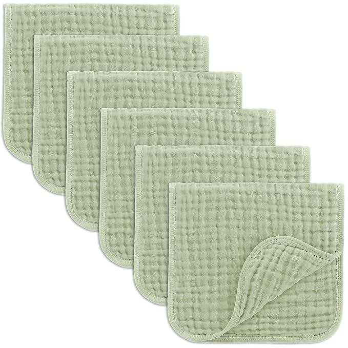 Comfy Cubs Muslin Burp Cloths 20" x 10", Pack of 6 - Large, 6-Layer, Ultra Absorbent 100% Cotton for Baby Drool and Messes - Soft, Safe & Gentle Baby Burp Cloths Set for Boys & Girls - Sage