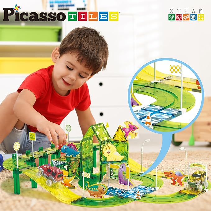 PicassoTiles Dinosaur Magnetic Tiles Racecar Track with 8 Magnet Tile Dino Toys 2 Cars Street Sign Accessory Kit Construction Building Blocks Educational Picasso Toy for Kids Ages 3 and up PTR02
