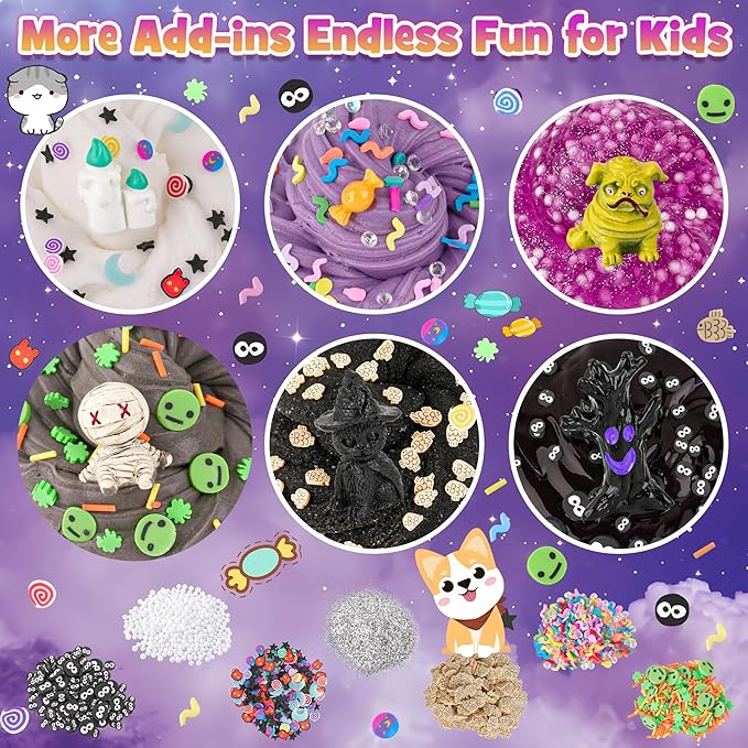 LAWOHO 6 Packs Purple Black Slime Kit - Cloud, Butter & Clear Slime, Slime for Kids with Spooky Slimes Add-ins, Slime Kit for Boys & Girls Birthday Halloween Party Favors Christmas Easter Gifts