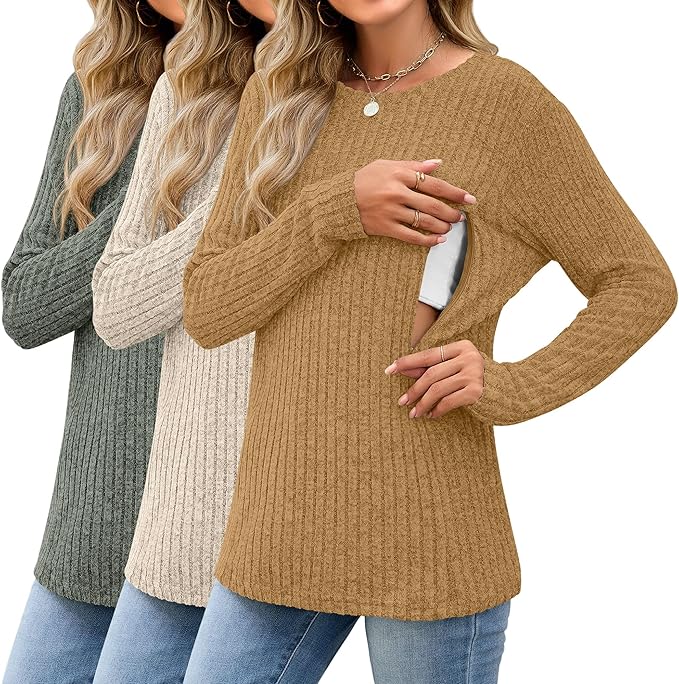3 Pack Women's Nursing Long Sleeve Tops Breastfeeding Thermal Sweaters with Hidden Zipper Maternity Ribbed Shirts