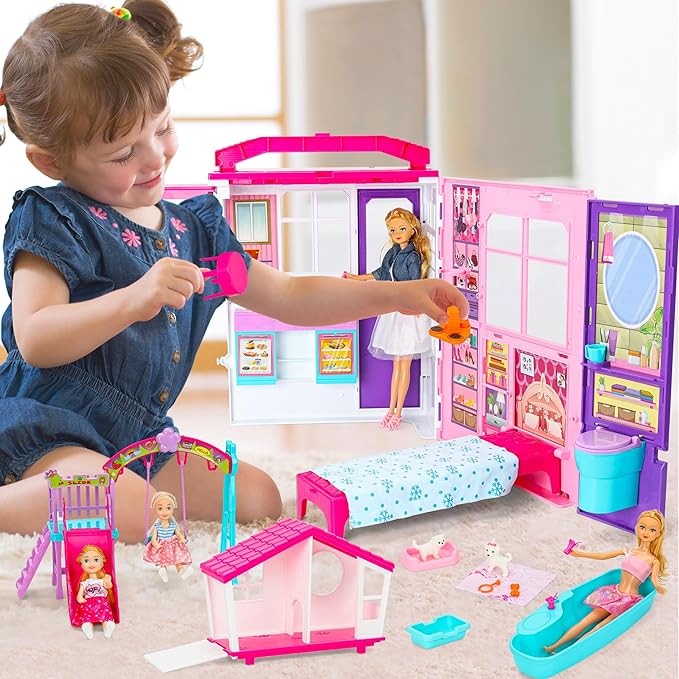 Doll House Portable & Foldable Dollhouse w/ 60+ Pcs & 2 Dolls, Play House Toy with Bedroom Bathroom Kitchen Furniture Playset, Playhouse Birthday Gift for Girl Kid Toddler