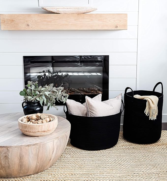 OrganiHaus Large Laundry Basket, Woven Cotton Rope Basket for Blankets, Toy Storage, Nursery Hamper, Living Room Decor Organizer, Soft & Durable Hamper with Handles, 20x13 inches - Black