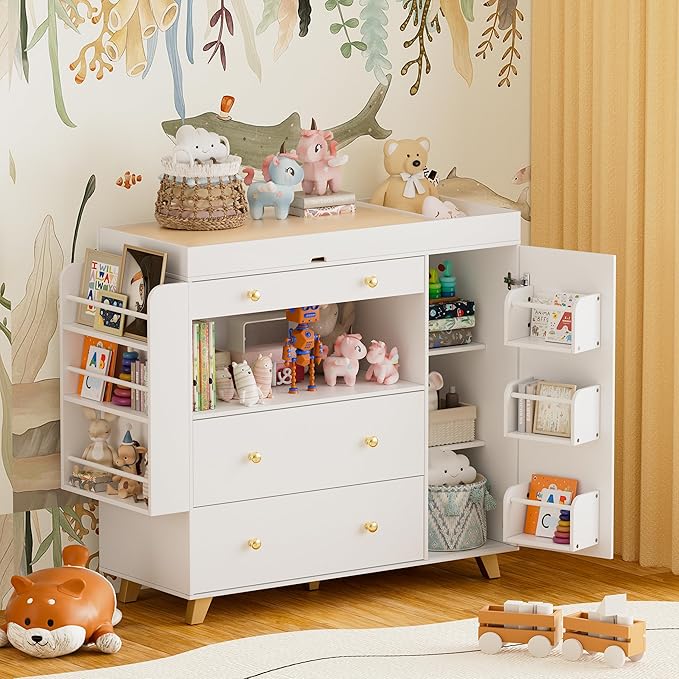Nursery Dresser with Baby Changing Table, Modern Diaper Changing Station,Dresser for Nursery with 3 Drawers & Shelves, Storage Crib with Changing Table, White