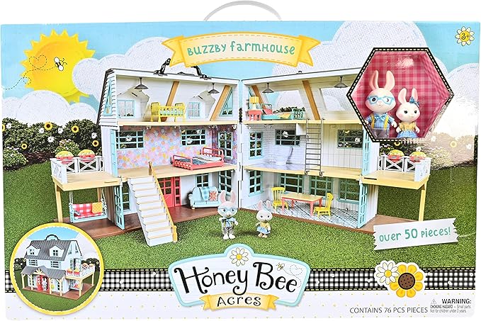 Sunny Days Entertainment Honey Bee Acres Buzzby Farmhouse – 49 Furniture Accessories with 2 Exclusive Figures | 15 Inch Dollhouse Playset | Pretend Play Toys for Kids