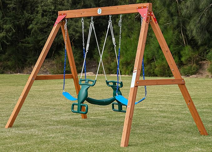 DIY Swing Sets for Backyard, Wooden Playground Sets with Glider Swing and 2 Belt Swings, Kids Outdoor Play Equipment, Outdoor Playset