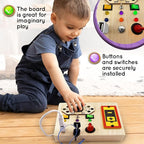 Wooden Montessori Musical Busy Board for Toddlers for 3-5 Year-Old with Mechanical Turner, Colorful Bulbs, Switches, Buttons - Enhance Sensory, Motor Skills (Updated)