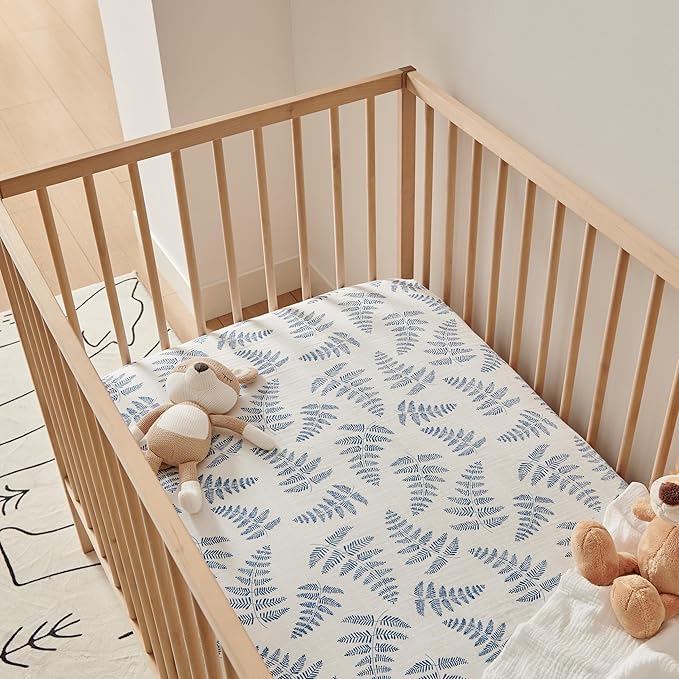 Margaux & May Organic Muslin Cotton Baby Crib Sheets, Blue Fern Print 2 Pack, Fitted, Breathable, Toddler Bedding, 52 x 28, Deep Pocket, Organic Crib Sheets for Cozy Sleep
