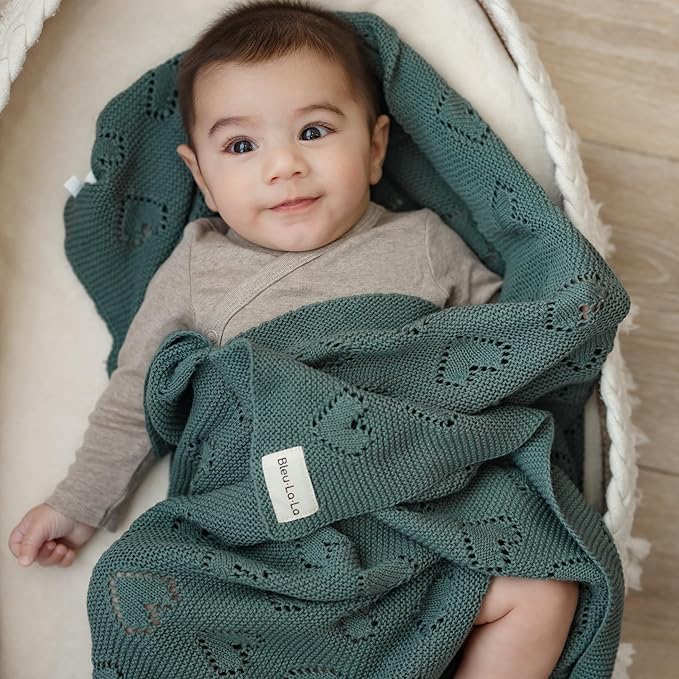Heirloom Knit Heart Receiving Unisex Blanket for Boys and Girls - 100% Luxury Cotton Baby Blanket - Soft Warm Swaddle Receiving Blanket for Newborns Infants & Toddlers (Oatmeal)