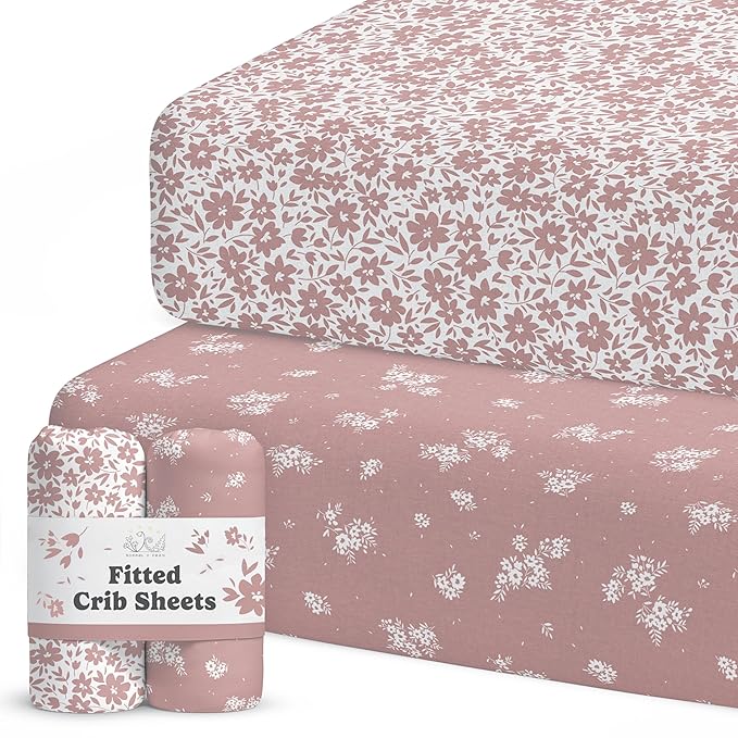 Crib Sheets Neutral - Fitted Baby Crib Sheets Bed for Girl Boy - 2 Pack Standard & Toddler Mattress (Antique Rose) - Buttery Soft Organic Cotton Blend
