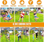 Swing Set for Backyard - 6 in 1 Multifunction Kids Swing Set Heavy Duty 550 lbs Outdoor Extra Large Metal Swing Frame with 3 Adjustable Swings Climbing Net Ladder Basketball Hoop
