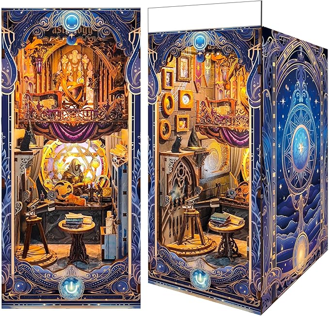 DIY Book Nook Kit, Miniature Dollhouse Booknook Kit, 3D Wooden Puzzle Bookend Bookshelf Insert Decor Diorama Kit with LED Light for Teens and Adults (Star Map Secrets)