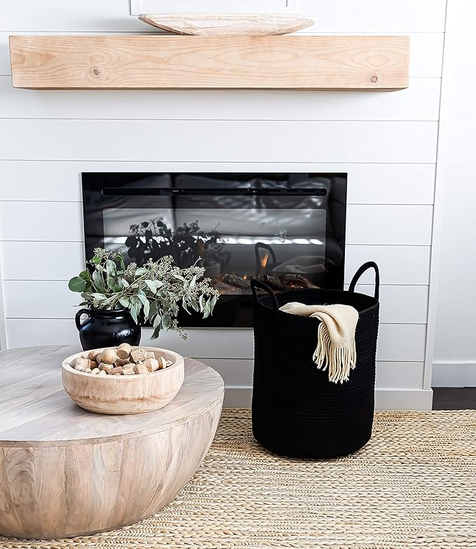 OrganiHaus Woven Laundry Basket - Large Round Black Rope Basket for Dirty Clothes, Blankets, Toys & Nursery Organizers - 38x45cm