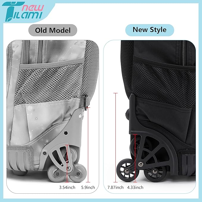 NEW TILAMI 18 inch Rolling Backpack for Kids - Waterproof, Stair-Climbing, Durable, Personalized Design for School, Travel, Black