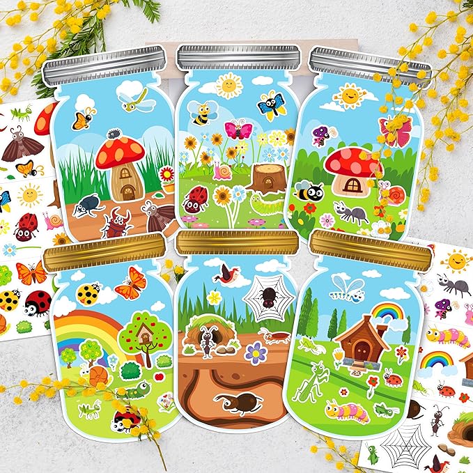 LINAYE 24 Sheets Insect Stickers with Jar Scenes, Make Your Own Bug Jar Stickers, Spring Crafts Activities for Kids Spring Party Decorations Supplies for Kids