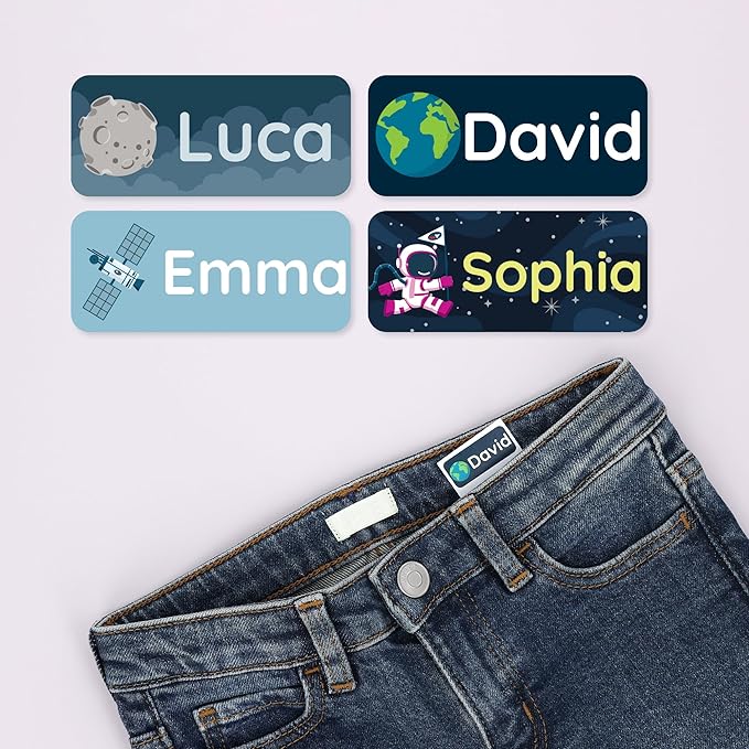 Personalized Name Labels for Kids (60) – Custom Waterproof & Durable Stickers for Clothing, Daycare, Office & School Supplies - Space